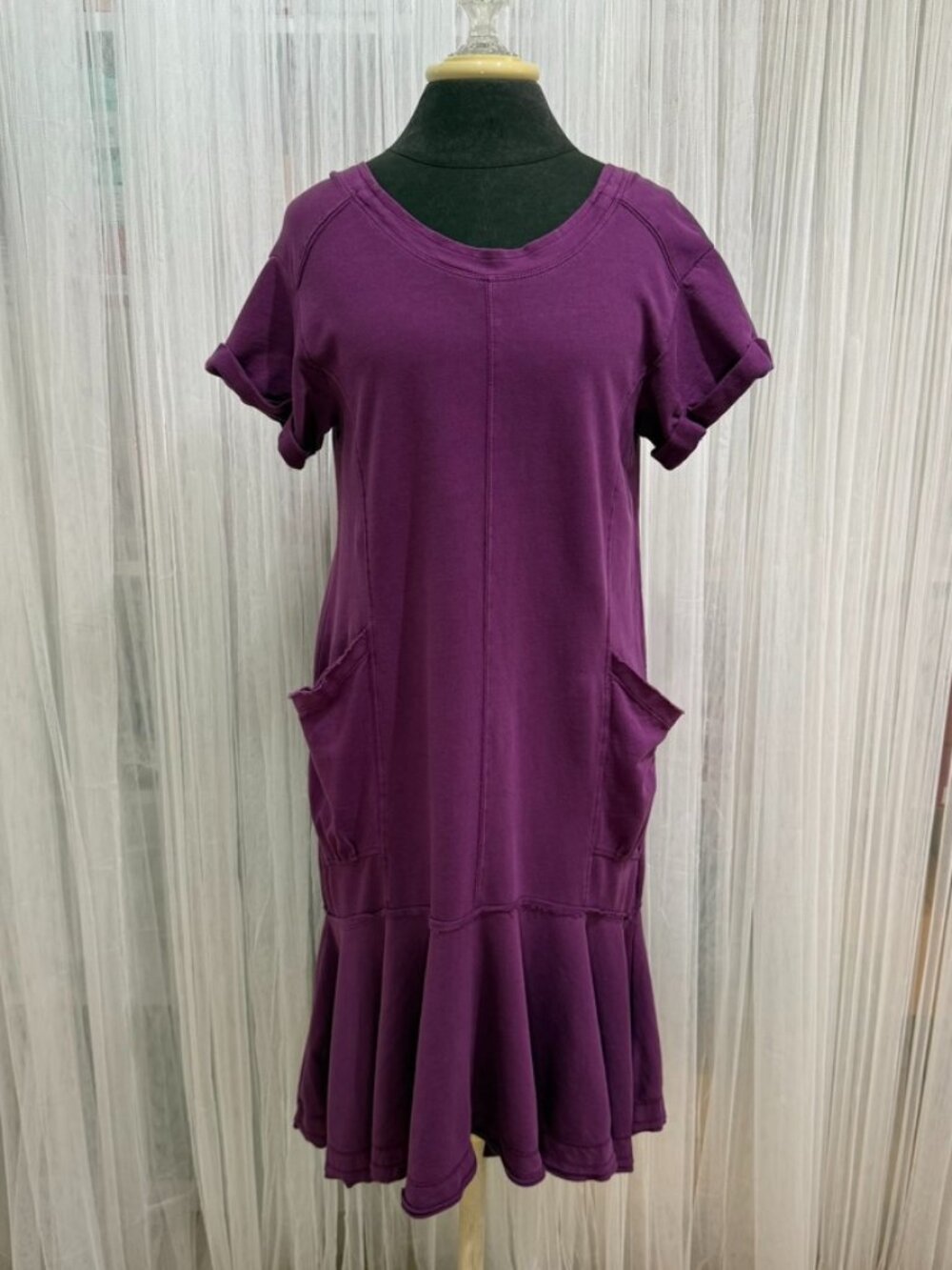Saturday Sunday by Anthropologie Purple Sweatshirt Dress Ruffle Hem Pocket Small